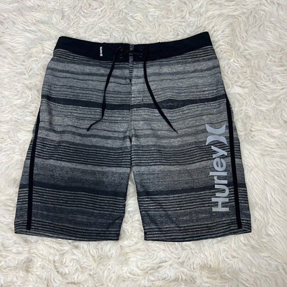 Hurley Men's 29 Grey & Black Striped Phantom Swim Trunks Board Shorts